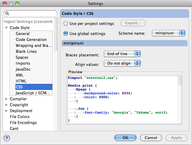 Диалог настройки Code Style – CSS в IntelliJ IDEA 10